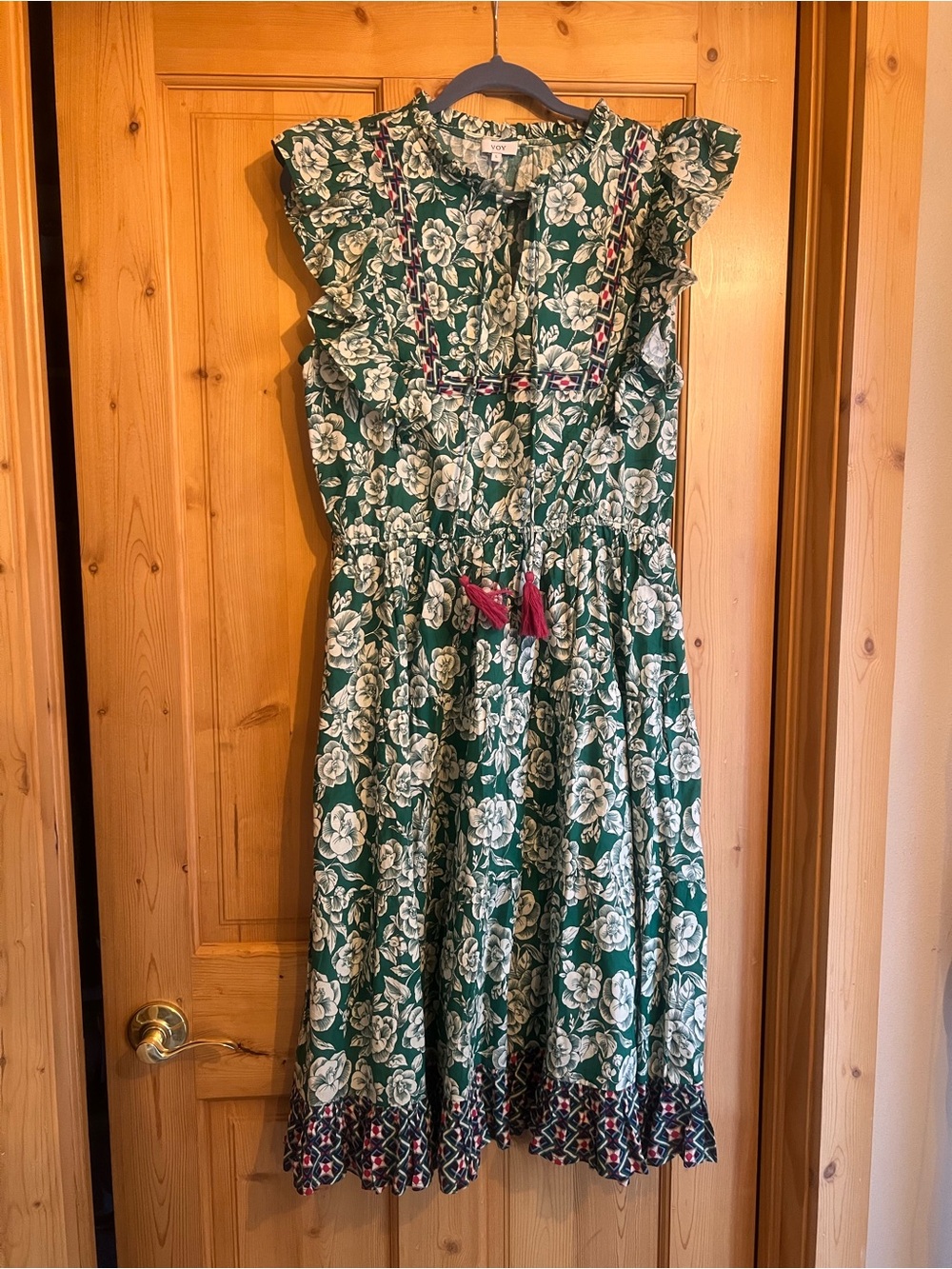 VOY. NWOT Green Floral Ruffle Dress with Tassel Tie